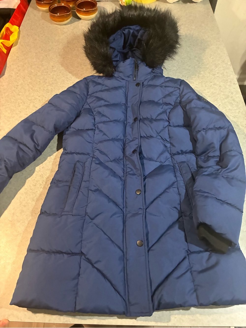 Long Quilted Navy Blue Puffer Coat with Faux Fur Hood
